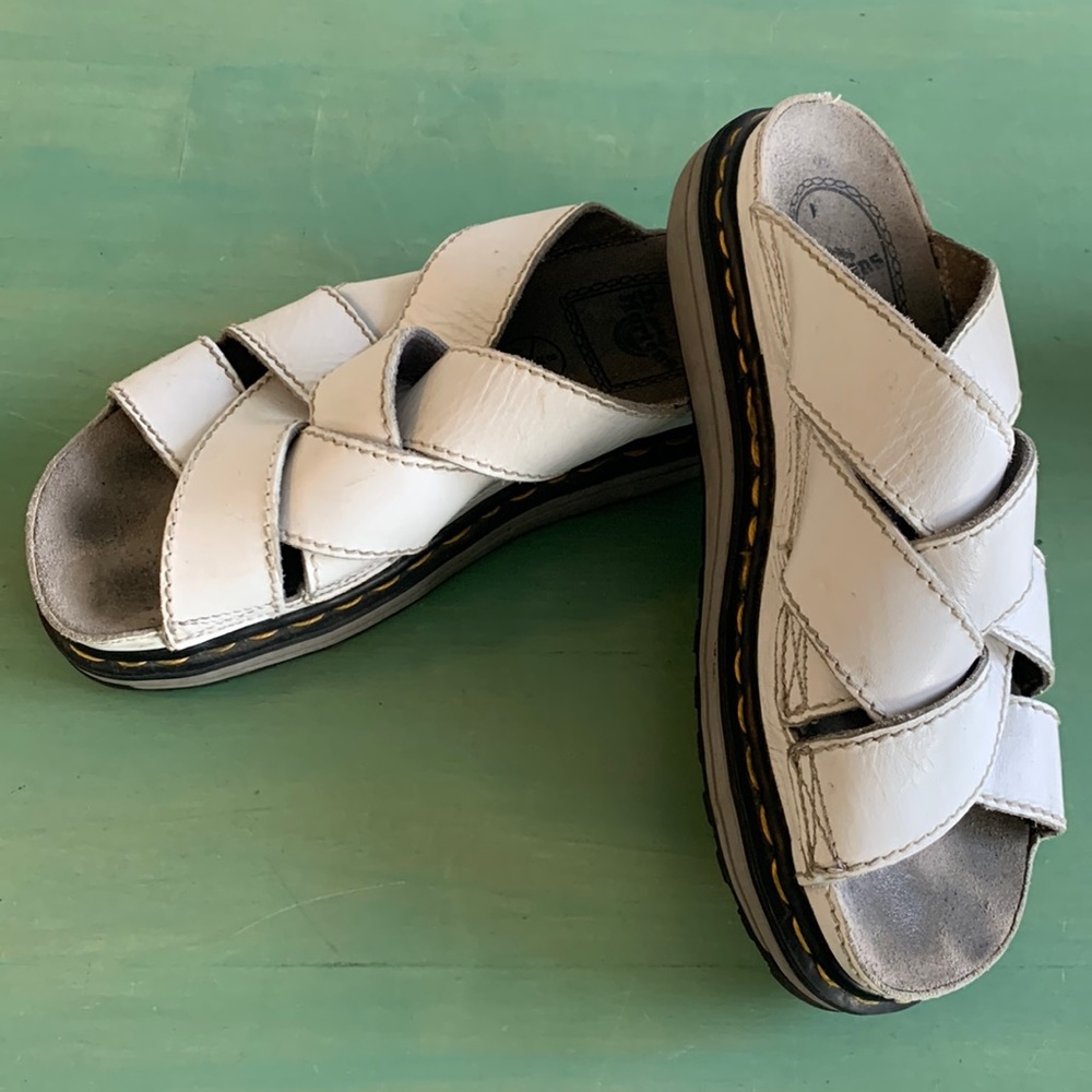 - Doc Martens-US 9 white Leather platform slide sandals